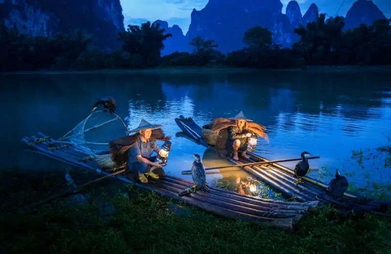 Cormorant fishermen on bamboo rafts under blue evening light.